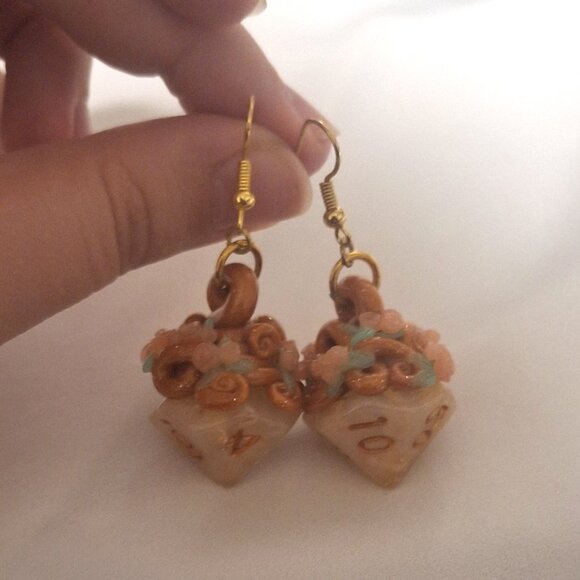 Artisan Handmade DnD D100 Dice Resin Earrings with Polymer Clay Flower Swirls - Picture 4 of 4